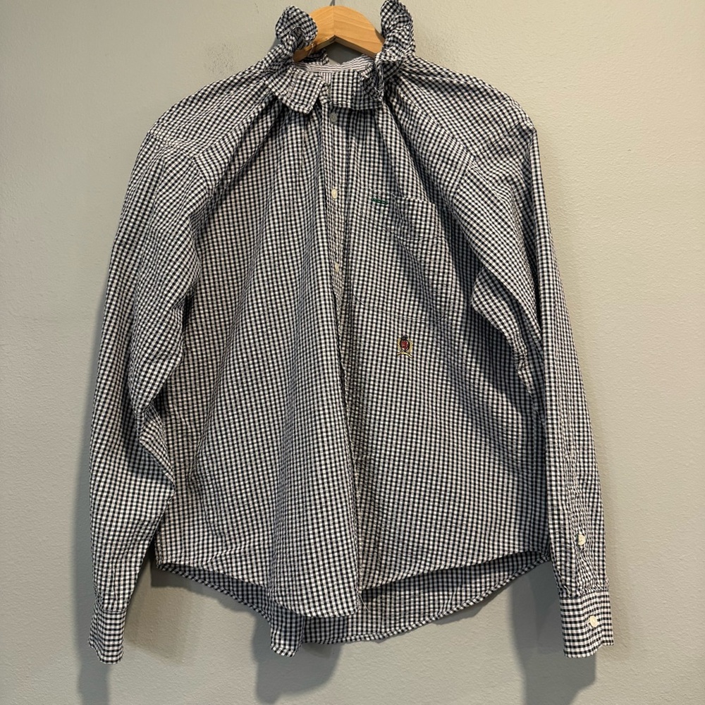 KMJ Check Button-Up Shirt Ruffle Collar Crest Embroidered L